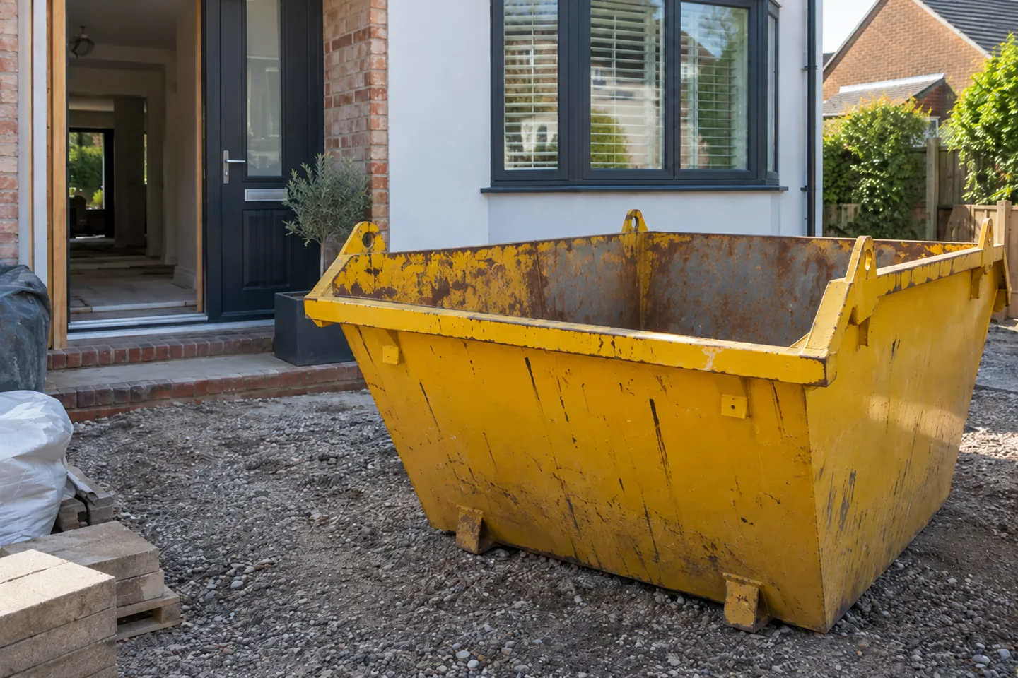 Skip positioned beside a property with space for loading